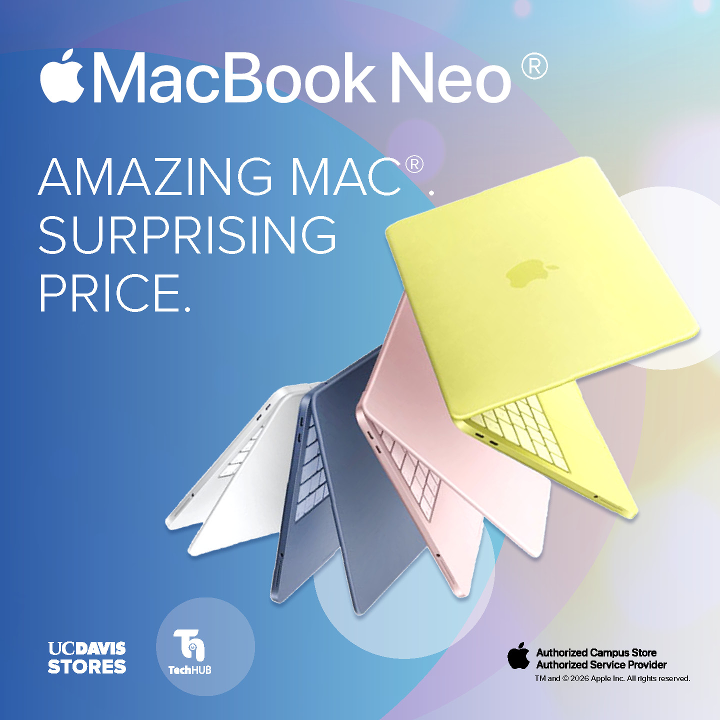 Apple MacBook Neo advertisement showing colorful laptops with the text “Amazing Mac. Surprising price.”