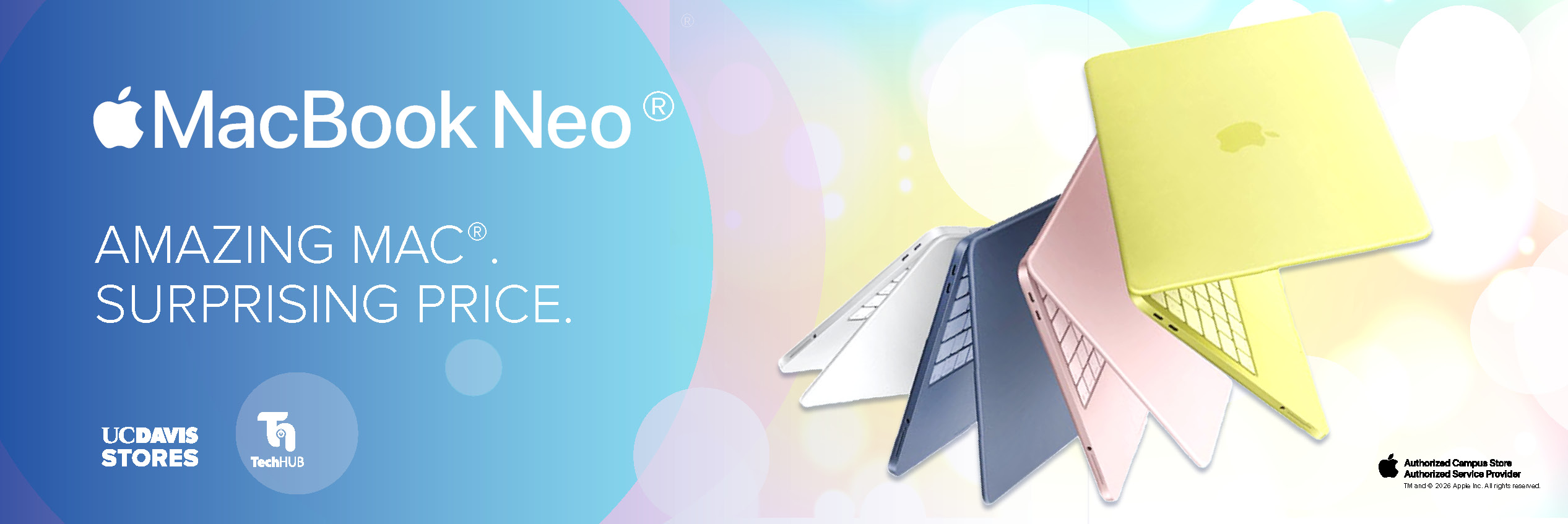 Apple MacBook Neo advertisement showing colorful laptops with the text “Amazing Mac. Surprising price.”